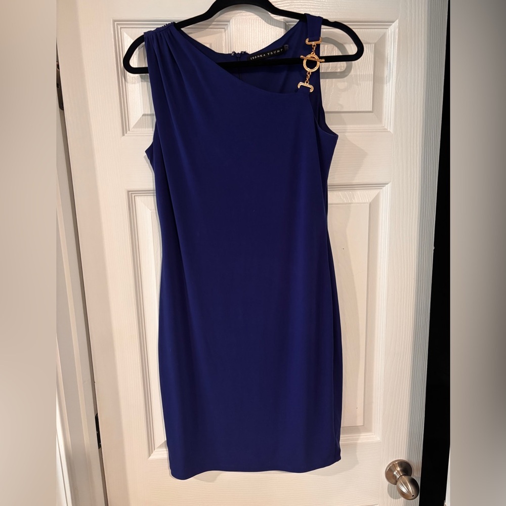 Size 6 ivanka trump royal blue mini dress with gold shoulder detail